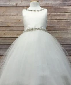 HIER_3500 Big Clearance Sale Flower Girl Dress Satin Dress With Rhinestone Gem Neckline Belt Mint Party Dress Special Occasion Dress