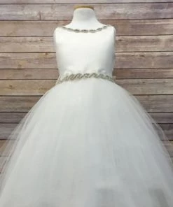 HIER_3500 Big Clearance Sale Flower Girl Dress Satin Dress With Rhinestone Gem Neckline Belt Mint Party Dress Special Occasion Dress