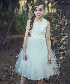 HIER_3500 Flower Girl Dress Jacquard Bodice And Floral Embroidered Tulle Dress Ivory Party Dress Special Occasion Dress Big Clearance Sale