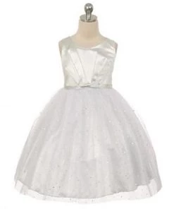 HIER_3500 Big Clearance Sale Flower Girl Dress Pleated Satin Bodice And Silver Sequin Tulle Dress Silver Party Dress Special Occasion Dress
