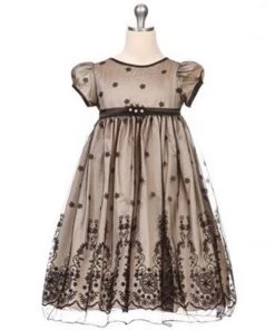 HIER_3500 Flower Girl Dress Taffeta And Floral Embroidered Tulle Overlay Dress Champagne Party Dress Special Occasion Dress Big Clearance Sale