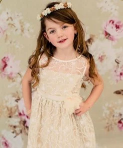 HIER_3500 Flower Girl Dress Satin Lining And Floral Overlay Lace Dress Black/Champ Party Dress Special Occasion Dress Big Clearance Sale