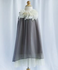 HIER_3500 Flower Girl Dress Chic Chiffon Girl Dress With Ivory Flower Neckline Grey Party Dress Special Occasion Dress