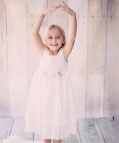 HIER_3500 Sleeveless Linen Dress With Flower Trims - White