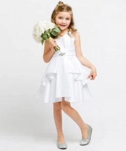 HIER_3500 Flower Girl Dress Satin Layered Dress With A Rhinestone Brooch White Party Dress Special Occasion Dress Big Clearance Sale