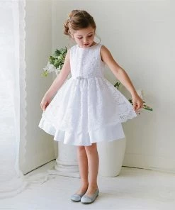 HIER_3500 Big Clearance Sale Flower Girl Dress Floral Lace And Taffeta Dress With Gem Belt White Party Dress Special Occasion Dress
