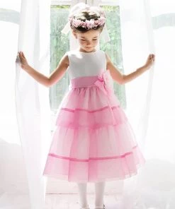 HIER_3500 Big Clearance Sale Layered Mirror Organza And Satin Dress - Pink
