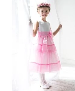 HIER_3500 Big Clearance Sale Layered Mirror Organza And Satin Dress - Pink