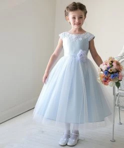 HIER_3500 Flower Girl Dress Lustrous Satin And Tulle Dress With Crochet Trim Ligh Party Dress Special Occasion Dress