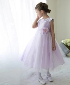 HIER_3500 Flower Girl Dress Satin And Tulle Dress With Crochet Trim Lilac Party Dress Special Occasion Dress