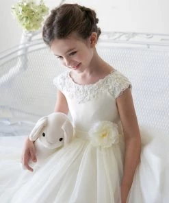 HIER_3500 Flower Girl Dress Satin And Tulle Dress With Crochet Trim Ivory Party Dress Special Occasion Dress