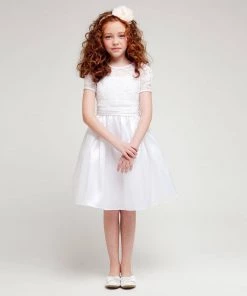 HIER_3500 Flower Girl Dress Lace And Glistening Taffeta Knee Length Dress White Party Dress Special Occasion Dress