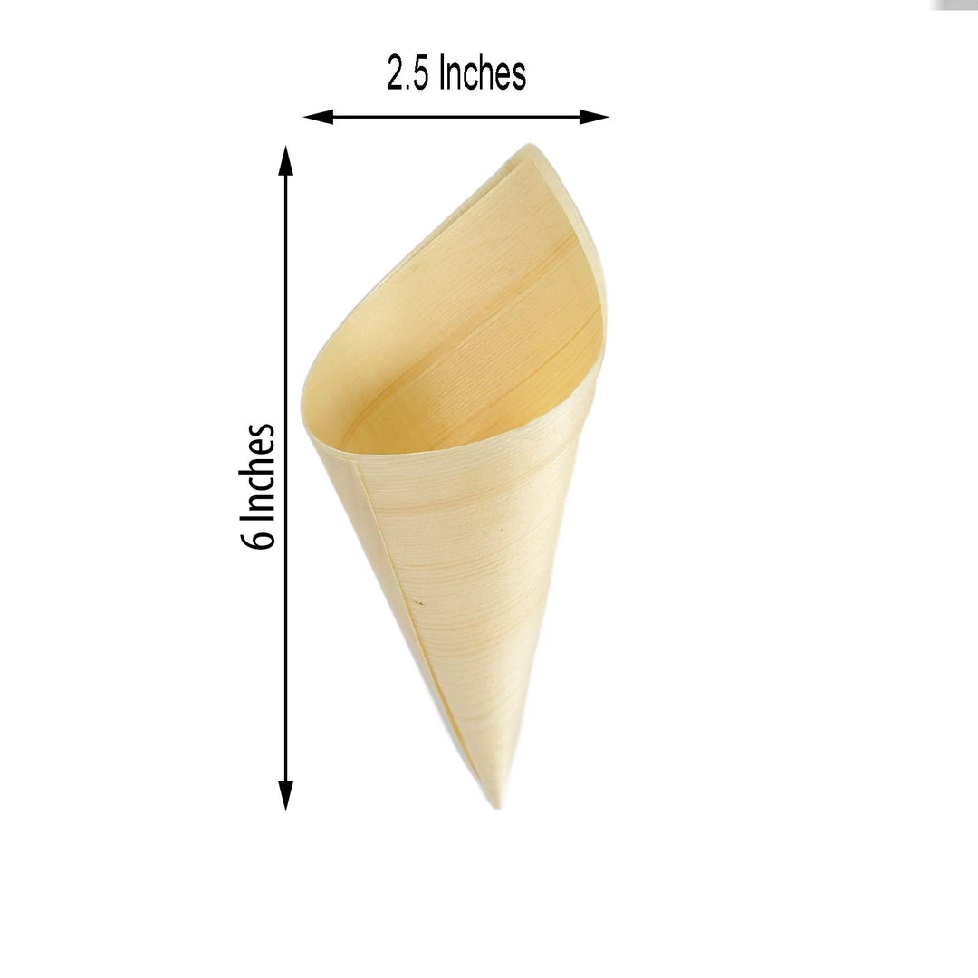 HIER_5410 50 Pack | 6" Natural Eco Friendly Disposable Pine Wood Food Cones, 100% Biodegradable Tasting Serving Cones Disposable Dinnerware 3 HIER_5410 50 Pack | 6" Natural Eco Friendly Disposable Pine Wood Food Cones, 100% Biodegradable Tasting Serving Cones Disposable Dinnerware