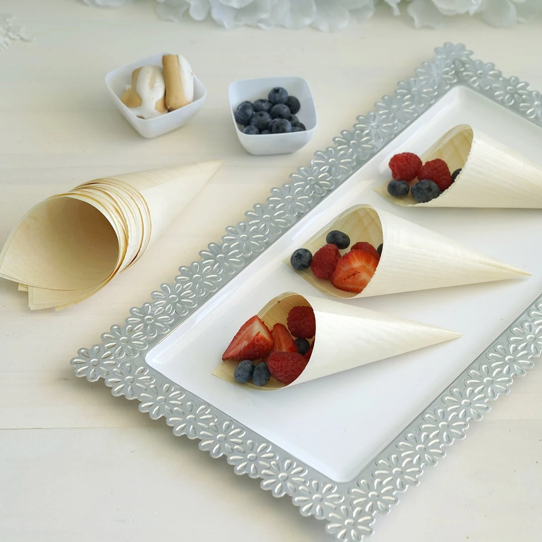 HIER_5410 50 Pack | 6" Natural Eco Friendly Disposable Pine Wood Food Cones, 100% Biodegradable Tasting Serving Cones Disposable Dinnerware 6 HIER_5410 50 Pack | 6" Natural Eco Friendly Disposable Pine Wood Food Cones, 100% Biodegradable Tasting Serving Cones Disposable Dinnerware