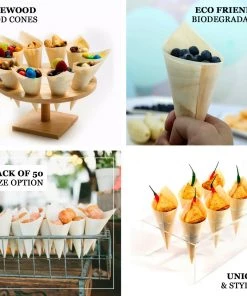 HIER_5410 50 Pack | 6" Natural Eco Friendly Disposable Pine Wood Food Cones, 100% Biodegradable Tasting Serving Cones Disposable Dinnerware 25 HIER_5410 50 Pack | 6