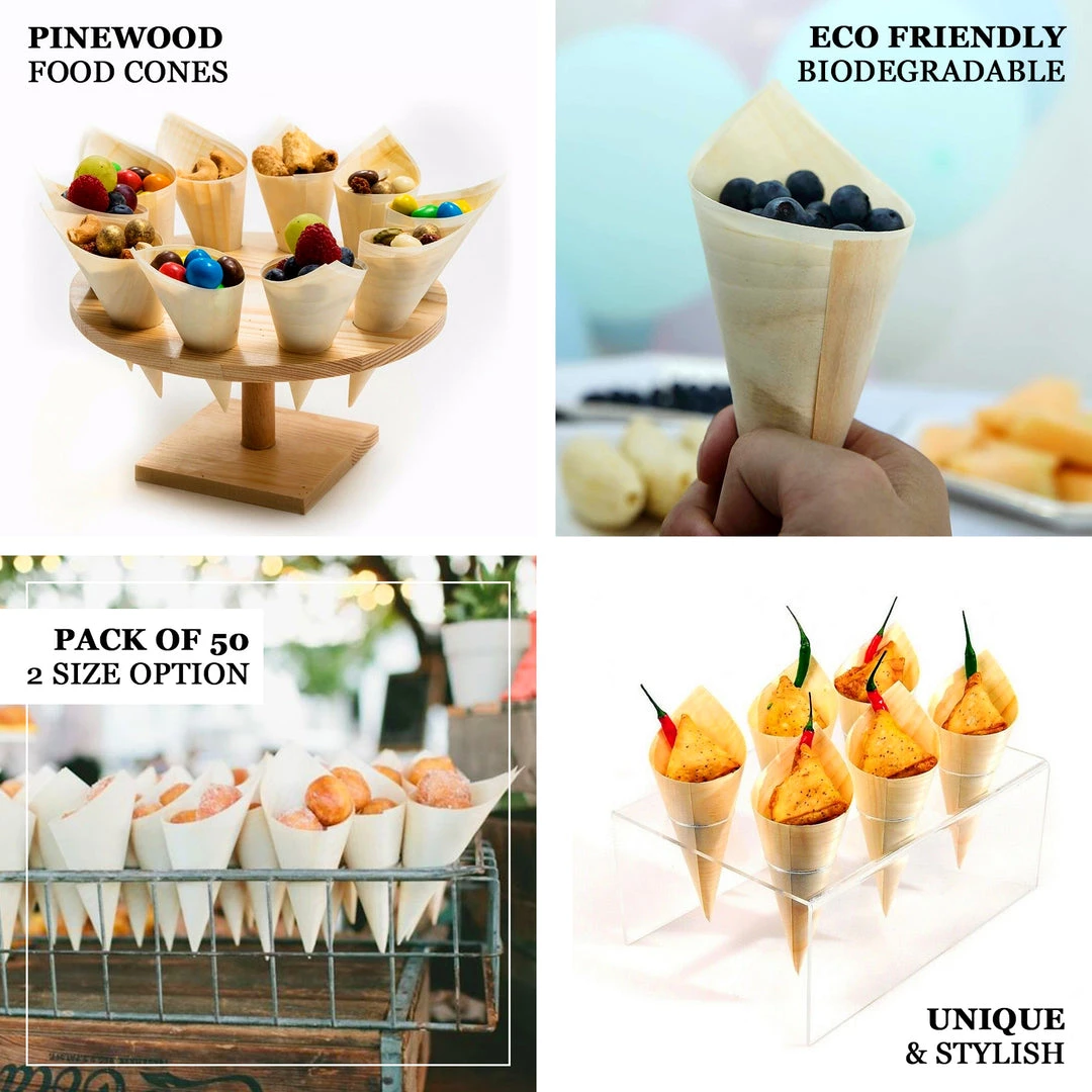 HIER_5410 50 Pack | 6" Natural Eco Friendly Disposable Pine Wood Food Cones, 100% Biodegradable Tasting Serving Cones Disposable Dinnerware 4 HIER_5410 50 Pack | 6" Natural Eco Friendly Disposable Pine Wood Food Cones, 100% Biodegradable Tasting Serving Cones Disposable Dinnerware