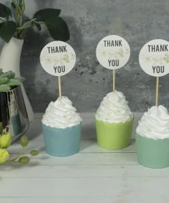 HIER_5410 50 Pack | 5.5" Thank You Tag Round Cupcake Toppers, Bamboo Skewers, Decorative Top Cocktail Picks Disposable Dinnerware