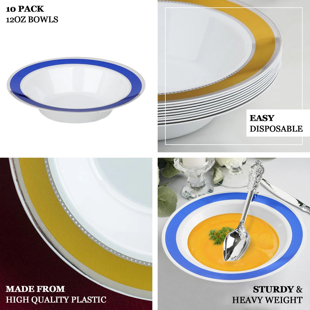 HIER_5410 10 Pack | White Round 12oz Disposable Plastic Soup Bowl With Gold & Silver Rim 4 HIER_5410 10 Pack | White Round 12oz Disposable Plastic Soup Bowl With Gold & Silver Rim