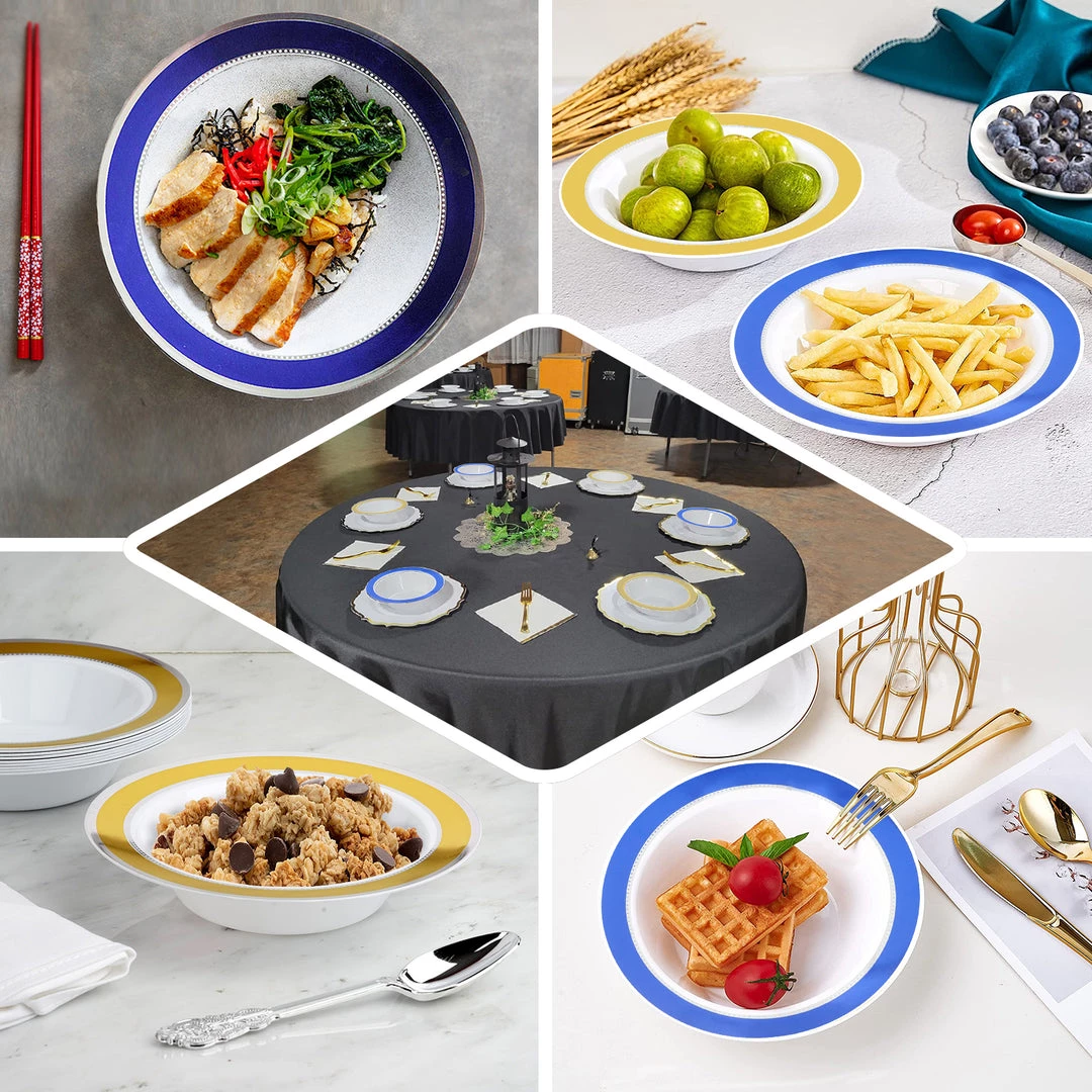 HIER_5410 10 Pack | White Round 12oz Disposable Plastic Soup Bowl With Gold & Silver Rim 5 HIER_5410 10 Pack | White Round 12oz Disposable Plastic Soup Bowl With Gold & Silver Rim