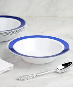 HIER_5410 Disposable Dinnerware 10 Pack | White Round 12oz Disposable Plastic Soup Bowl With Royal Blue & Silver Rim