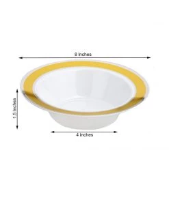 HIER_5410 10 Pack | White Round 12oz Disposable Plastic Soup Bowl With Gold & Silver Rim 12 HIER_5410 10 Pack | White Round 12oz Disposable Plastic Soup Bowl With Gold & Silver Rim
