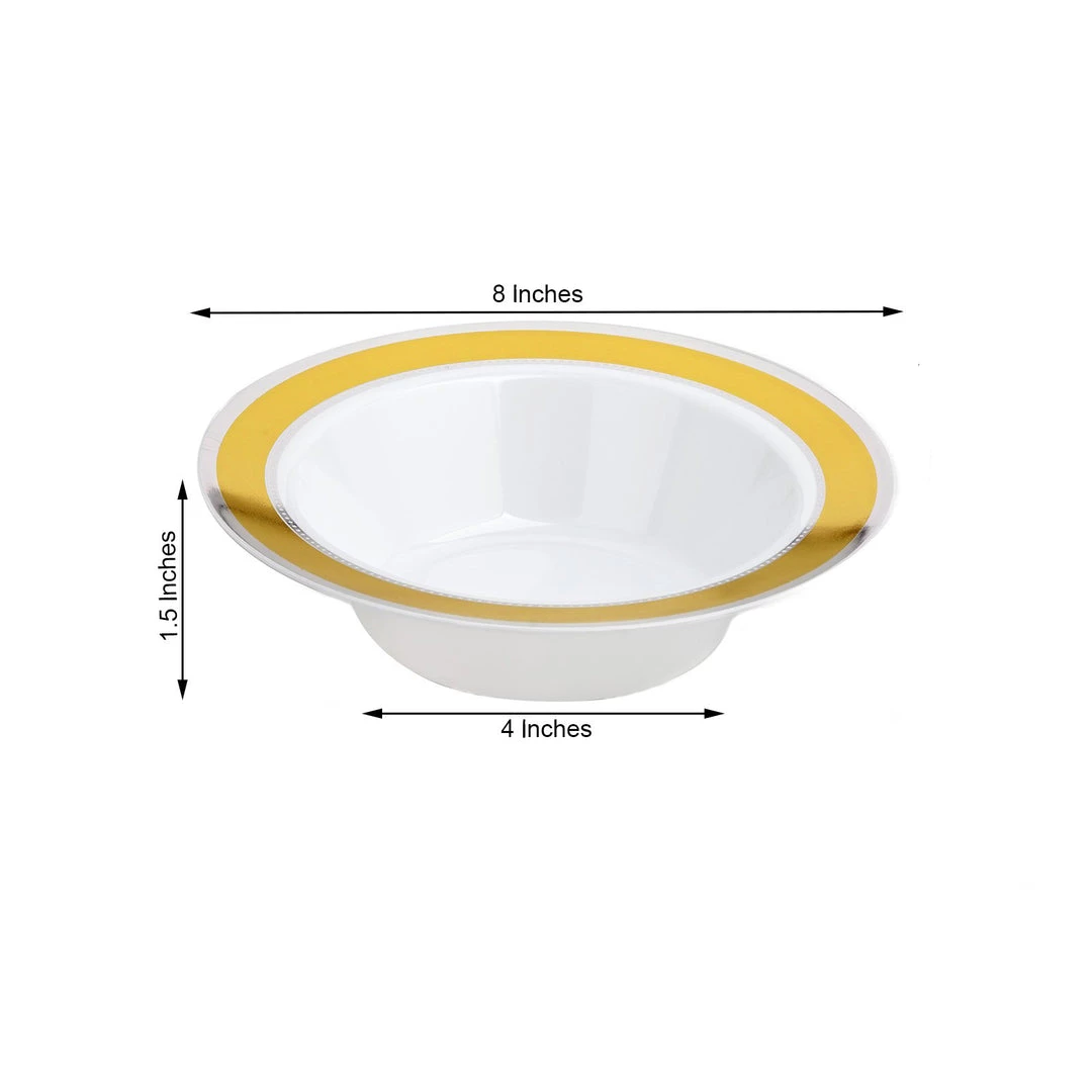 HIER_5410 10 Pack | White Round 12oz Disposable Plastic Soup Bowl With Gold & Silver Rim 3 HIER_5410 10 Pack | White Round 12oz Disposable Plastic Soup Bowl With Gold & Silver Rim