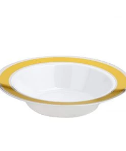 HIER_5410 10 Pack | White Round 12oz Disposable Plastic Soup Bowl With Gold & Silver Rim 19 HIER_5410 10 Pack | White Round 12oz Disposable Plastic Soup Bowl With Gold & Silver Rim