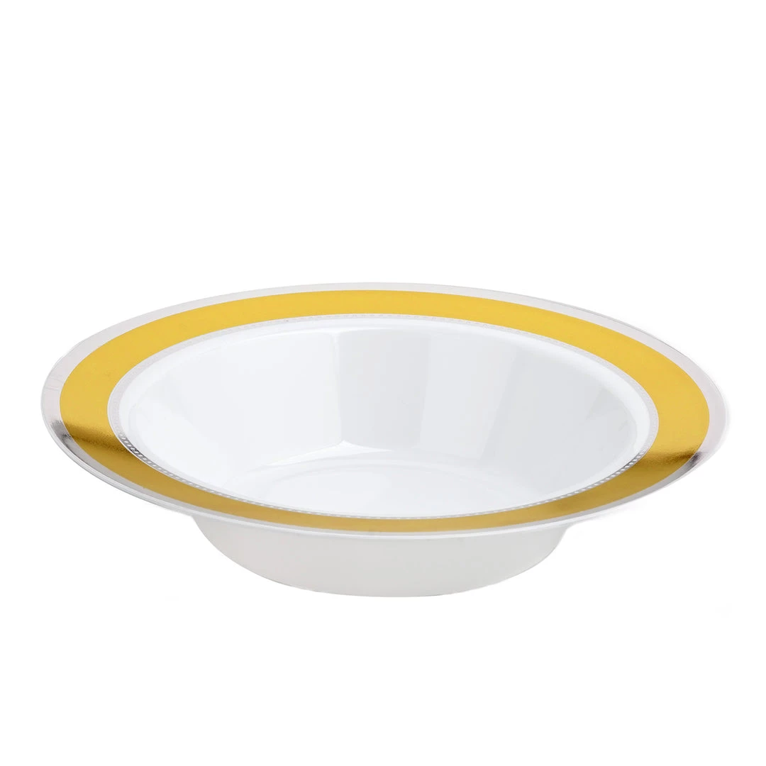 HIER_5410 10 Pack | White Round 12oz Disposable Plastic Soup Bowl With Gold & Silver Rim 10 HIER_5410 10 Pack | White Round 12oz Disposable Plastic Soup Bowl With Gold & Silver Rim