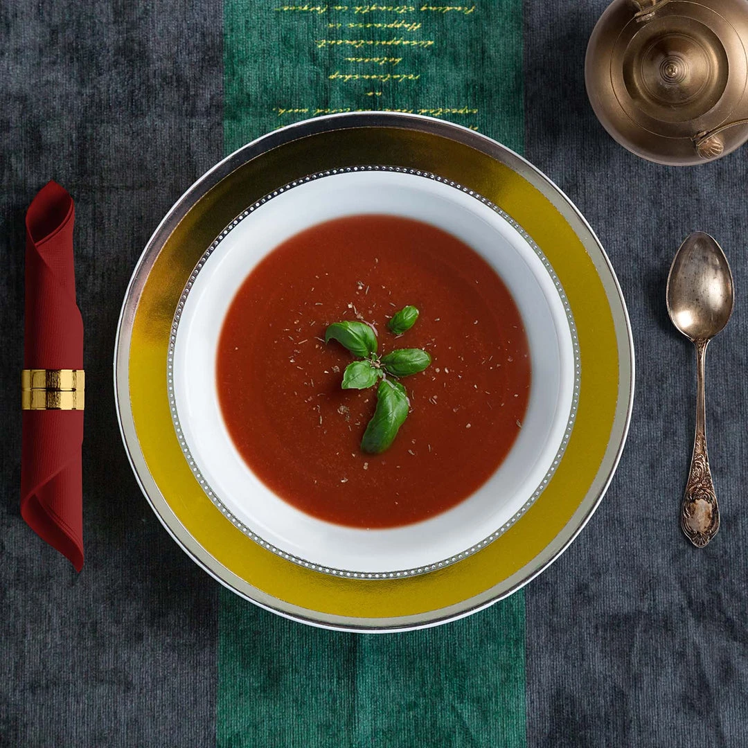 HIER_5410 10 Pack | White Round 12oz Disposable Plastic Soup Bowl With Gold & Silver Rim 7 HIER_5410 10 Pack | White Round 12oz Disposable Plastic Soup Bowl With Gold & Silver Rim