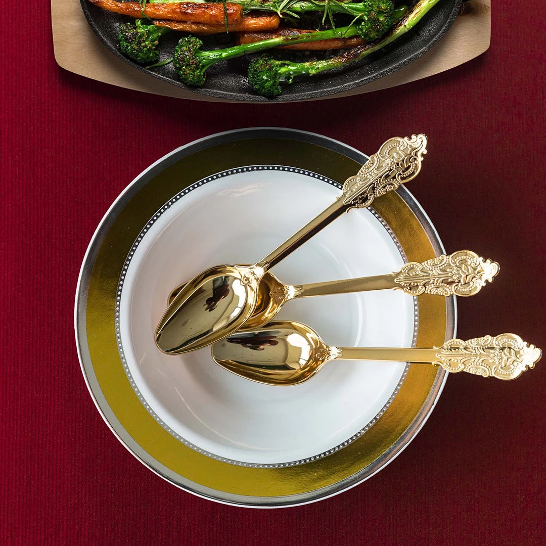 HIER_5410 10 Pack | White Round 12oz Disposable Plastic Soup Bowl With Gold & Silver Rim 9 HIER_5410 10 Pack | White Round 12oz Disposable Plastic Soup Bowl With Gold & Silver Rim