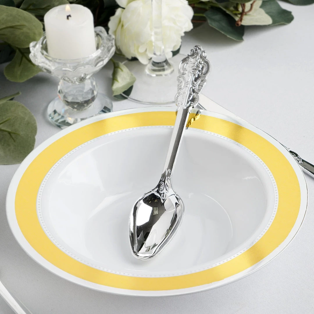 HIER_5410 10 Pack | White Round 12oz Disposable Plastic Soup Bowl With Gold & Silver Rim 2 HIER_5410 10 Pack | White Round 12oz Disposable Plastic Soup Bowl With Gold & Silver Rim