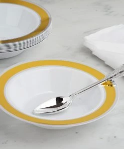 HIER_5410 10 Pack | White Round 12oz Disposable Plastic Soup Bowl With Gold & Silver Rim 15 HIER_5410 10 Pack | White Round 12oz Disposable Plastic Soup Bowl With Gold & Silver Rim