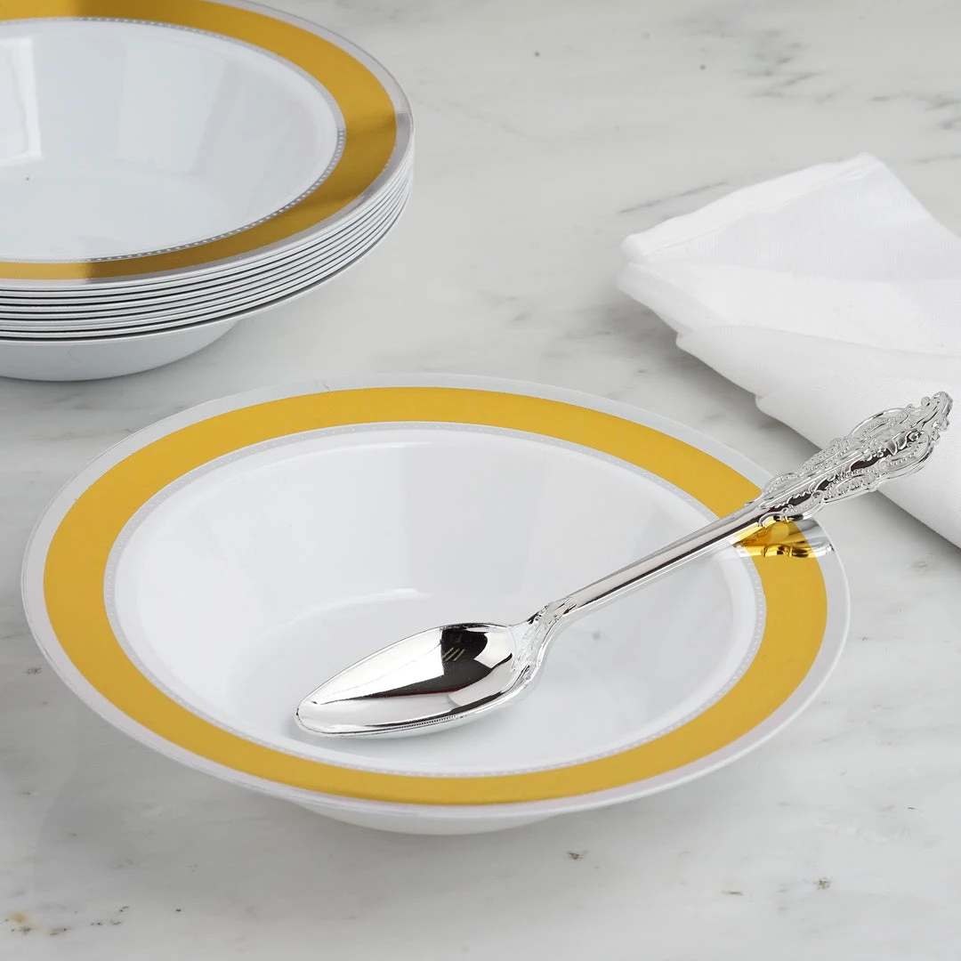 HIER_5410 10 Pack | White Round 12oz Disposable Plastic Soup Bowl With Gold & Silver Rim 6 HIER_5410 10 Pack | White Round 12oz Disposable Plastic Soup Bowl With Gold & Silver Rim