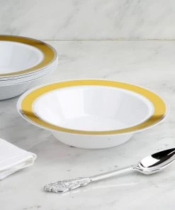 HIER_5410 10 Pack | White Round 12oz Disposable Plastic Soup Bowl With Gold & Silver Rim