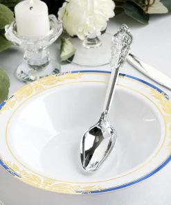 HIER_5410 Disposable Dinnerware 10 Pack | White Round 12oz Disposable Plastic Soup Bowl With Gold Vine & Royal Blue Rim