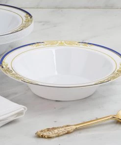 HIER_5410 Disposable Dinnerware 10 Pack | White Round 12oz Disposable Plastic Soup Bowl With Gold Vine & Royal Blue Rim