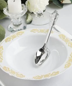 HIER_5410 10 Pack | Gold Embossed White 12oz Disposable Plastic Soup Bowl - Round With Scalloped Edges