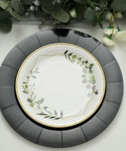 HIER_4710 10 Pack | Black 13" Disposable Charger Plates, Cardboard Serving Tray, Round With Leathery Texture - 1100 GSM Disposable Dinnerware