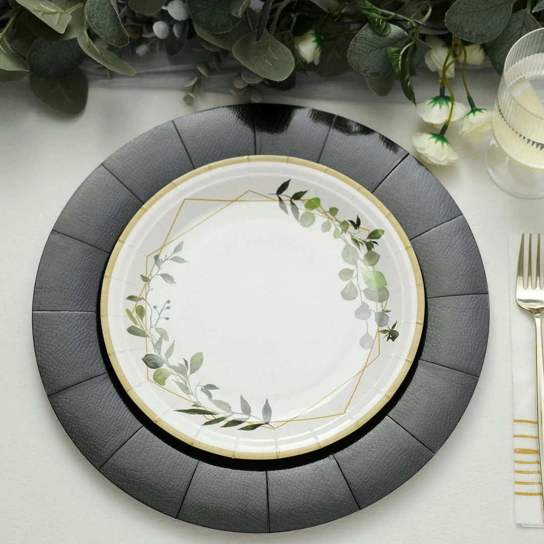 HIER_4710 10 Pack | Black 13" Disposable Charger Plates, Cardboard Serving Tray, Round With Leathery Texture - 1100 GSM Disposable Dinnerware 2 HIER_4710 10 Pack | Black 13" Disposable Charger Plates, Cardboard Serving Tray, Round With Leathery Texture - 1100 GSM Disposable Dinnerware