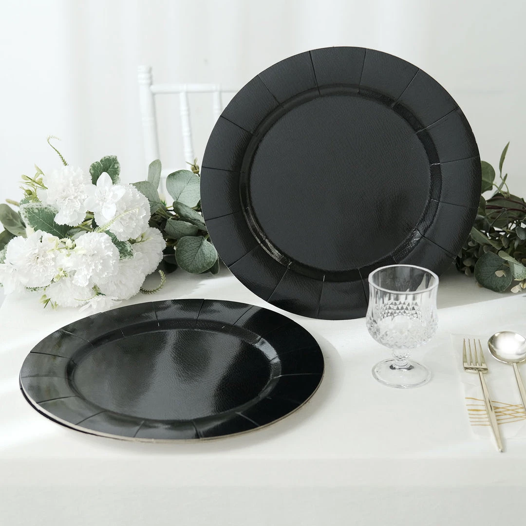 HIER_4710 10 Pack | Black 13" Disposable Charger Plates, Cardboard Serving Tray, Round With Leathery Texture - 1100 GSM Disposable Dinnerware 7 HIER_4710 10 Pack | Black 13" Disposable Charger Plates, Cardboard Serving Tray, Round With Leathery Texture - 1100 GSM Disposable Dinnerware