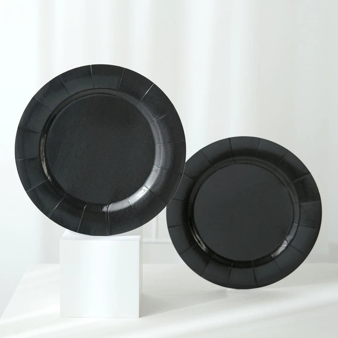 HIER_4710 10 Pack | Black 13" Disposable Charger Plates, Cardboard Serving Tray, Round With Leathery Texture - 1100 GSM Disposable Dinnerware 8 HIER_4710 10 Pack | Black 13" Disposable Charger Plates, Cardboard Serving Tray, Round With Leathery Texture - 1100 GSM Disposable Dinnerware