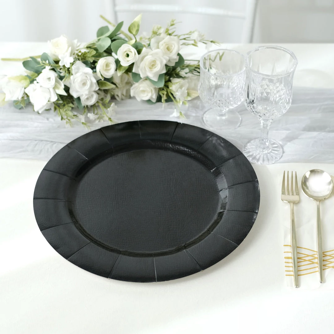 HIER_4710 10 Pack | Black 13" Disposable Charger Plates, Cardboard Serving Tray, Round With Leathery Texture - 1100 GSM Disposable Dinnerware 9 HIER_4710 10 Pack | Black 13" Disposable Charger Plates, Cardboard Serving Tray, Round With Leathery Texture - 1100 GSM Disposable Dinnerware