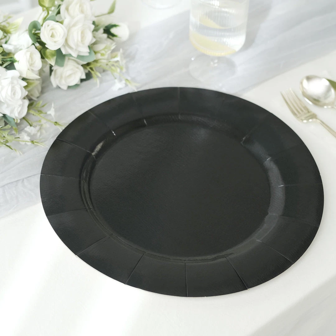 HIER_4710 10 Pack | Black 13" Disposable Charger Plates, Cardboard Serving Tray, Round With Leathery Texture - 1100 GSM Disposable Dinnerware 11 HIER_4710 10 Pack | Black 13" Disposable Charger Plates, Cardboard Serving Tray, Round With Leathery Texture - 1100 GSM Disposable Dinnerware