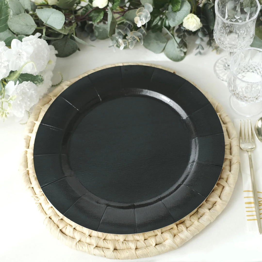 HIER_4710 10 Pack | Black 13" Disposable Charger Plates, Cardboard Serving Tray, Round With Leathery Texture - 1100 GSM Disposable Dinnerware 1 HIER_4710 10 Pack | Black 13" Disposable Charger Plates, Cardboard Serving Tray, Round With Leathery Texture - 1100 GSM Disposable Dinnerware