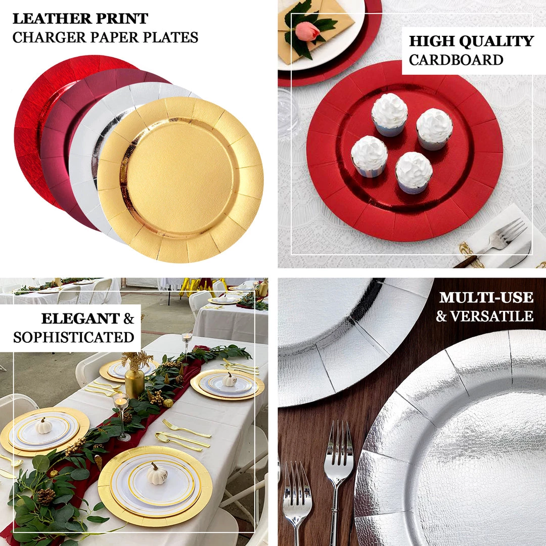HIER_4710 Disposable Dinnerware 10 Pack | Red Disposable 13" Charger Plates, Cardboard Serving Tray, Round With Leathery Texture - 1100 GSM 4 HIER_4710 Disposable Dinnerware 10 Pack | Red Disposable 13" Charger Plates, Cardboard Serving Tray, Round With Leathery Texture - 1100 GSM