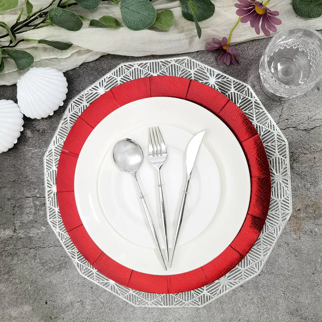 HIER_4710 Disposable Dinnerware 10 Pack | Red Disposable 13" Charger Plates, Cardboard Serving Tray, Round With Leathery Texture - 1100 GSM 2 HIER_4710 Disposable Dinnerware 10 Pack | Red Disposable 13" Charger Plates, Cardboard Serving Tray, Round With Leathery Texture - 1100 GSM