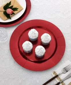HIER_4710 Disposable Dinnerware 10 Pack | Red Disposable 13" Charger Plates, Cardboard Serving Tray, Round With Leathery Texture - 1100 GSM 19 HIER_4710 Disposable Dinnerware 10 Pack | Red Disposable 13