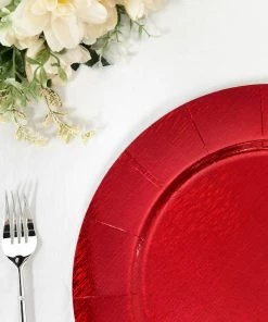 HIER_4710 Disposable Dinnerware 10 Pack | Red Disposable 13" Charger Plates, Cardboard Serving Tray, Round With Leathery Texture - 1100 GSM 23 HIER_4710 Disposable Dinnerware 10 Pack | Red Disposable 13