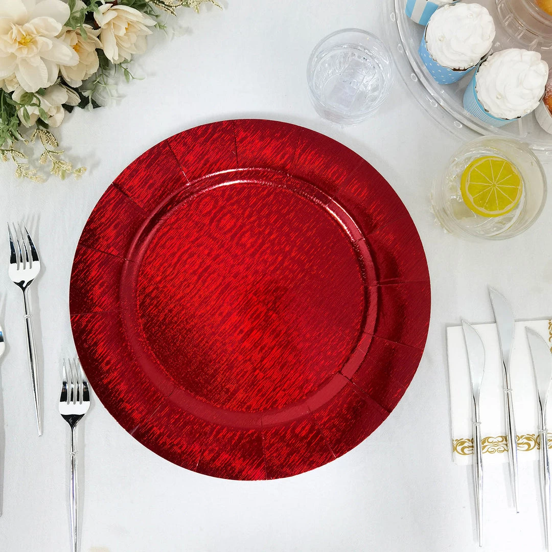 HIER_4710 Disposable Dinnerware 10 Pack | Red Disposable 13" Charger Plates, Cardboard Serving Tray, Round With Leathery Texture - 1100 GSM 6 HIER_4710 Disposable Dinnerware 10 Pack | Red Disposable 13" Charger Plates, Cardboard Serving Tray, Round With Leathery Texture - 1100 GSM
