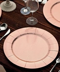 HIER_4710 10 Pack | Rose Gold Disposable 13" Charger Plates, Cardboard Serving Tray, Round With Leathery Texture - 1100 GSM